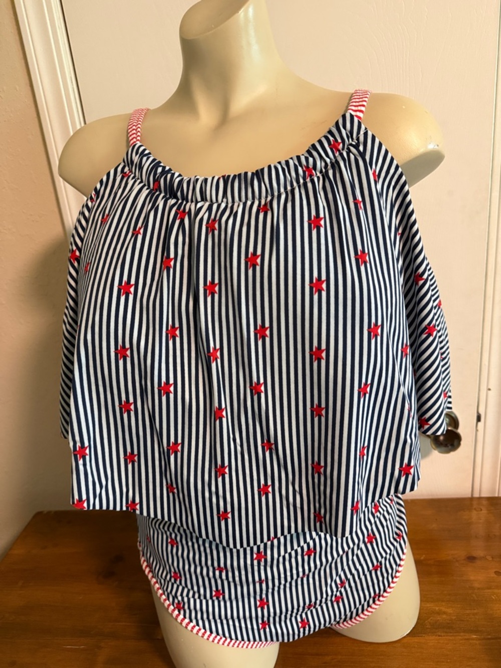 Cacique Swim Red, White and blue Lined Bikini Top sz22 bottom sz18 Lane Bryant